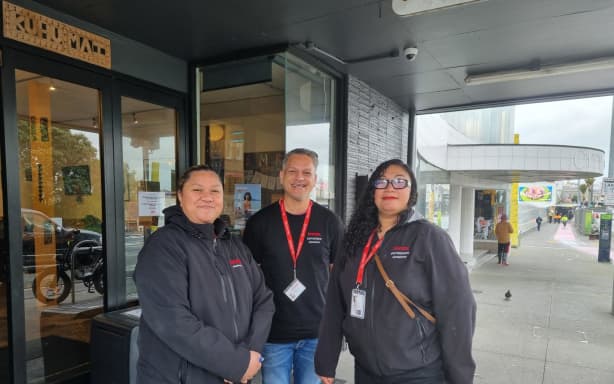 Lifewise outreach chaplain Taulagi Sitivi (L) and outreach workers Anthony Tina (C) and Kat Feo (together helped house the man who had a stroke while living under a bridge).