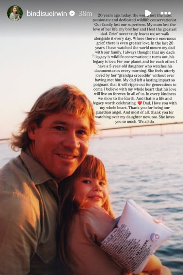 A screenshot of Bindi’s Irwin’s tribute to her father on the 20th anniversary of his death.