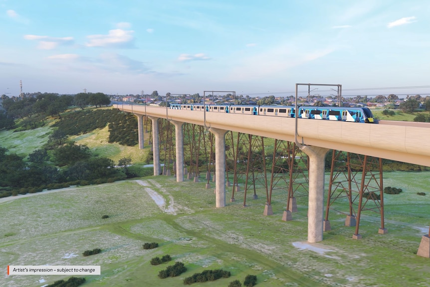 An artist's impression of a railway bridge over Maribyrnong River