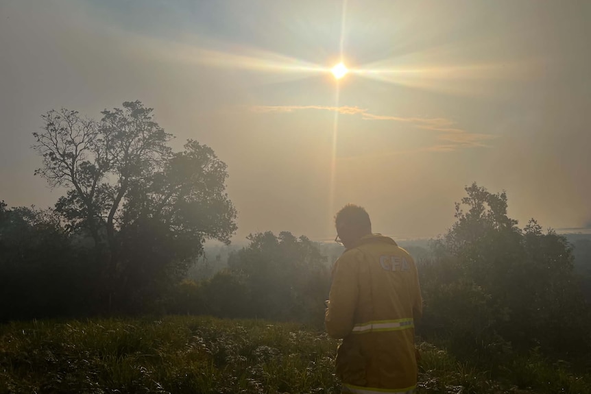 A firefighter stands amid a haze of smoke as the sun shines through.