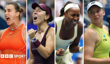 Split image of Aryna Sabalenka, Jessica Pegula, Coco Gauff, Elena Rybakina