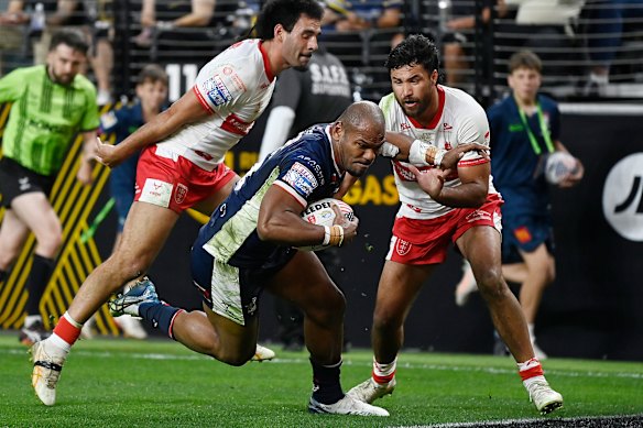 Leeds winger Maika Sivo scores against Hull KR in Las Vegas earlier this year. The NRL wants to buy a 50 per cent stake in the UK Super League.