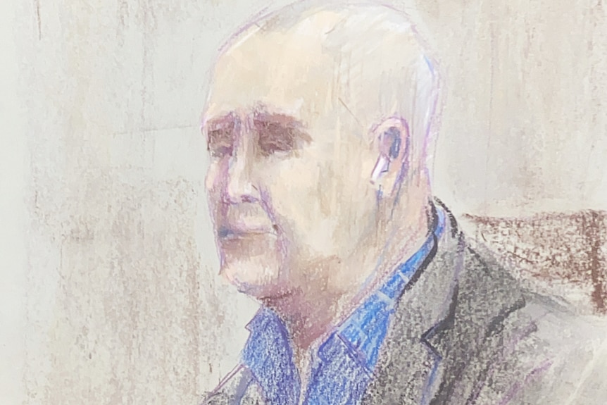 A sketch image of a middle aged man in a blue shirt and black jacket in a wooden seat.