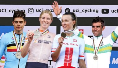Composite image of four riders on the podium