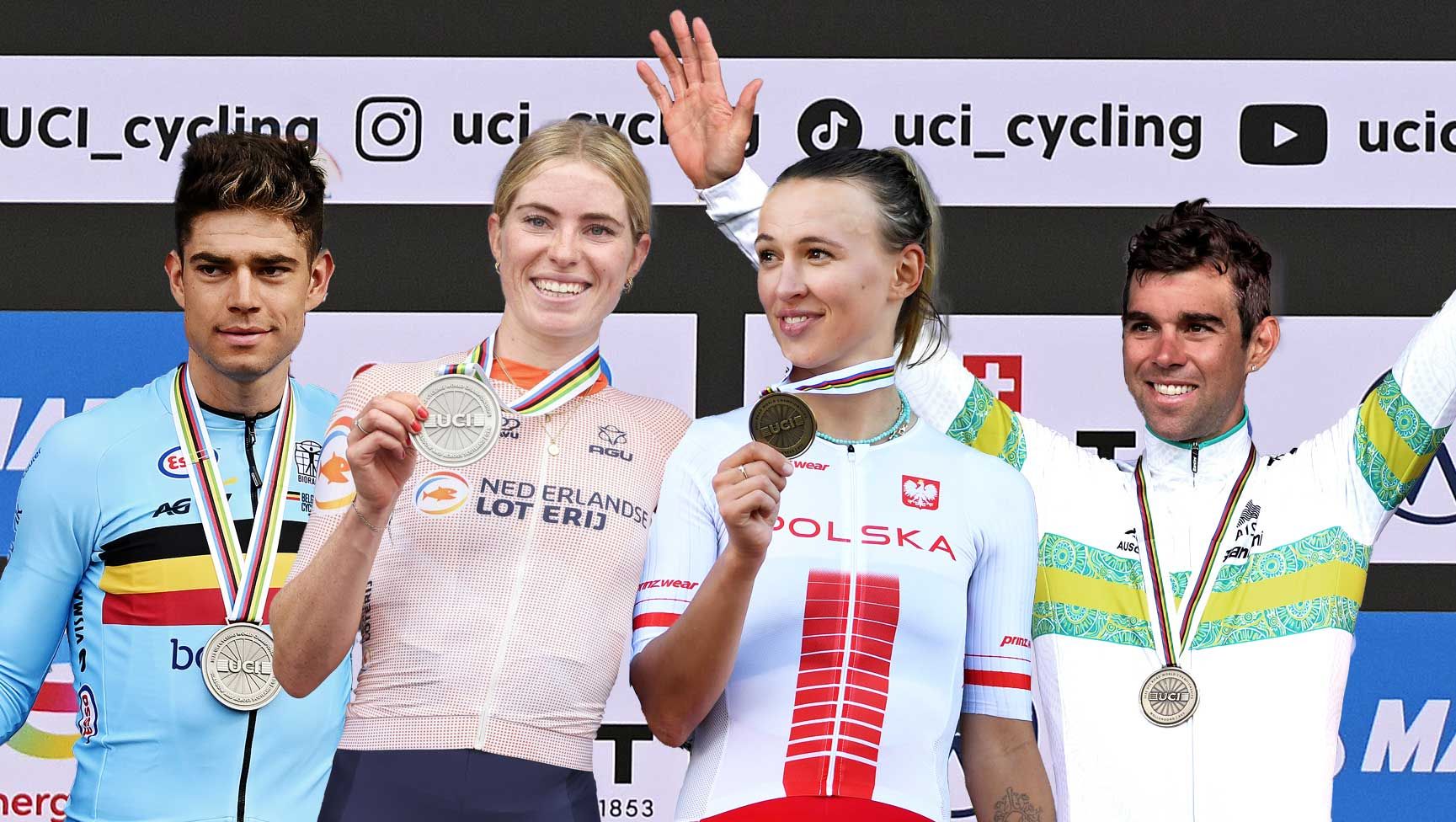 Composite image of four riders on the podium
