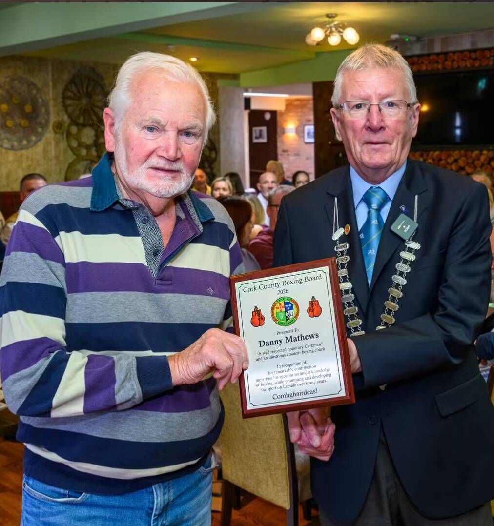 Danny Matthews is presented with his Recognition Plaque by Cork Ex-Boxers president Dan O'Connell  