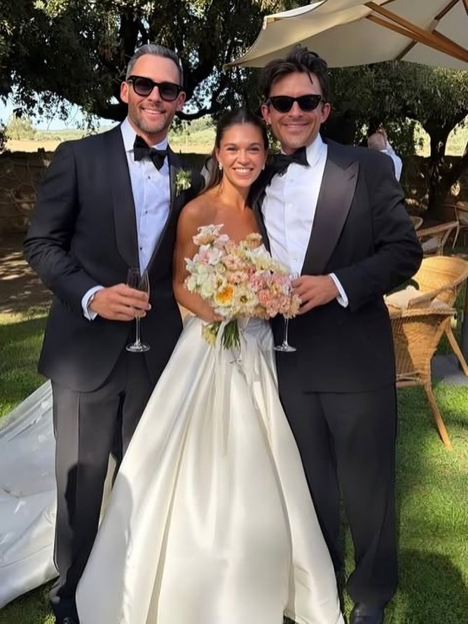 Bridgerton star Jonathan Bailey (right) with his co-star Sabrina Bartlett and her Australian husband Lachie Stewart.