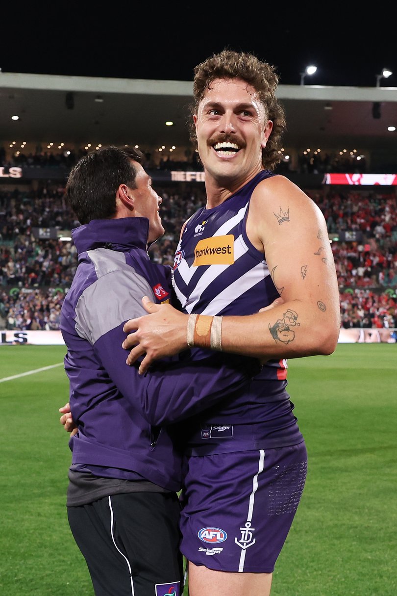 Luke Jackson of the Dockers celebrates victory Jaeger O'Meara of the Dockers after the AFL Preliminary Final match between the Sydney Swans.