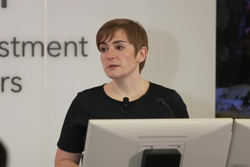 A woman stands behind a screen and looks to the side.