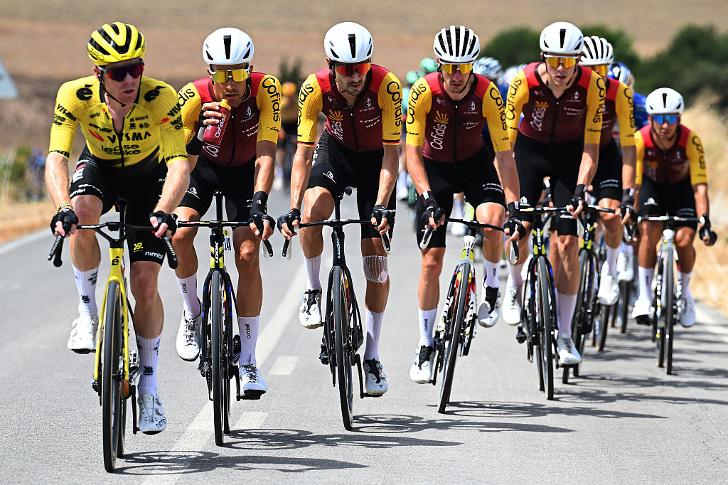 SEVILLA, SPAIN - SEPTEMBER 09: (L-R) Sergio Samitier of Spain and Emanuel Buchmann of Germany and Team Cofidis compete during the La Vuelta - 81st Tour of Spain 202, Stage 17 a 185km stage from Dos Hermanas to Sevilla / #UCIWT / stage from on September 09, 2026 in Sevilla, Spain. (Photo by Tim de Waele/Getty Images)