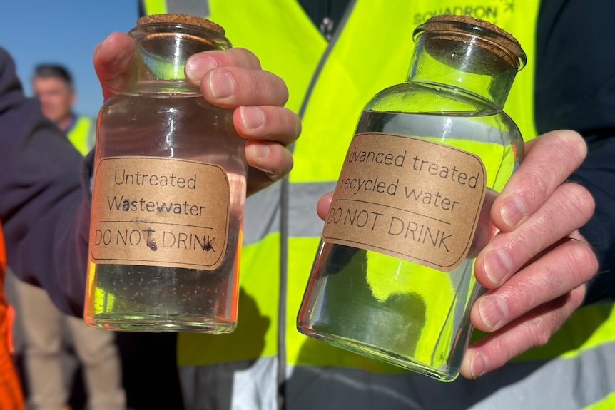 Two jars with water showing one with some debris 