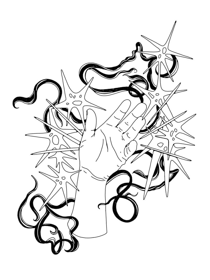 A black-and-white illustration from a book of a flexed hand, surrounded by squiggly and star-like shapes.