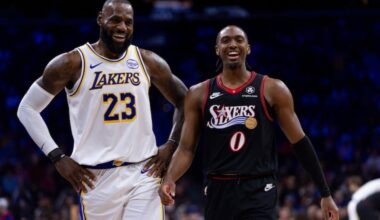 Tyrese Maxey (right) and LeBron James were No. 1 and No. 2, respectively, in total points scored on fast breaks last season.