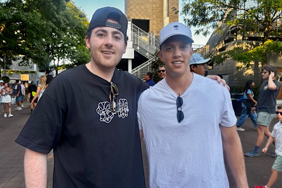 Logan Gorbein (left) and Adam Meitus, both 23, at the US Open. They use prediction markets to gamble on tennis while at the tournament.