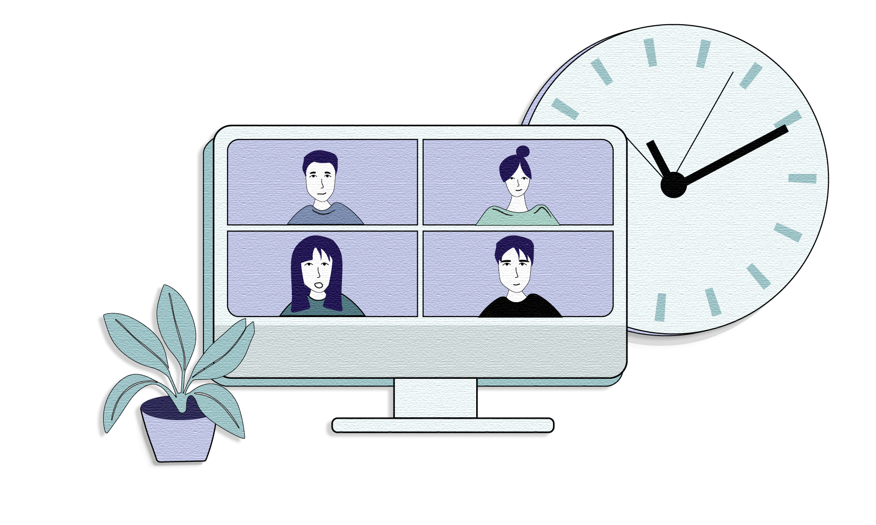 A laptop shows four people talking over a Zoom call.