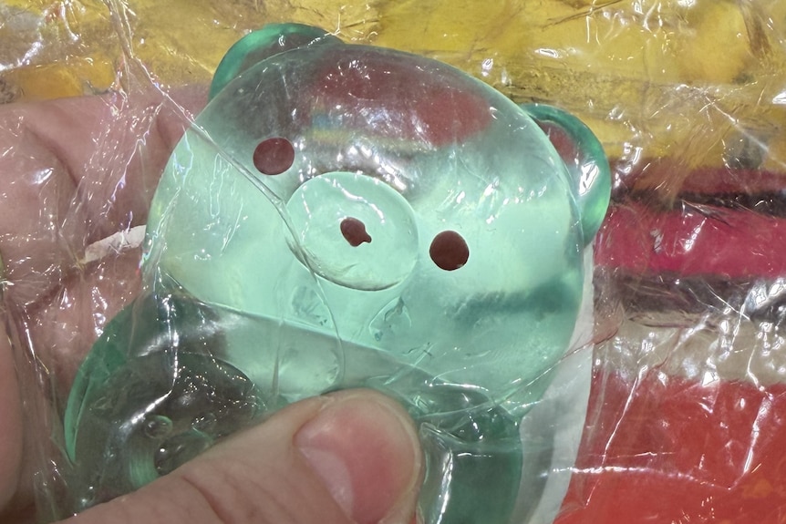 A squishy bear in a plastic wrapper.