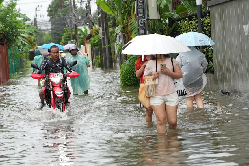 People wade through floodwaters.