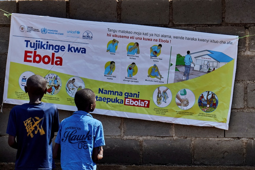 Two children stand in front of a poster explaining the signs of Ebola.