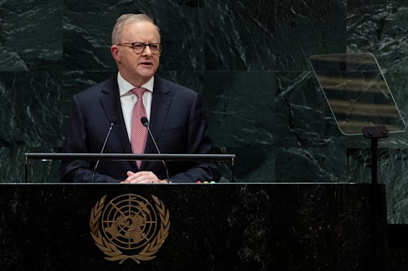 Prime Minister Anthony Albanese addressing the United Nations General Assembly.