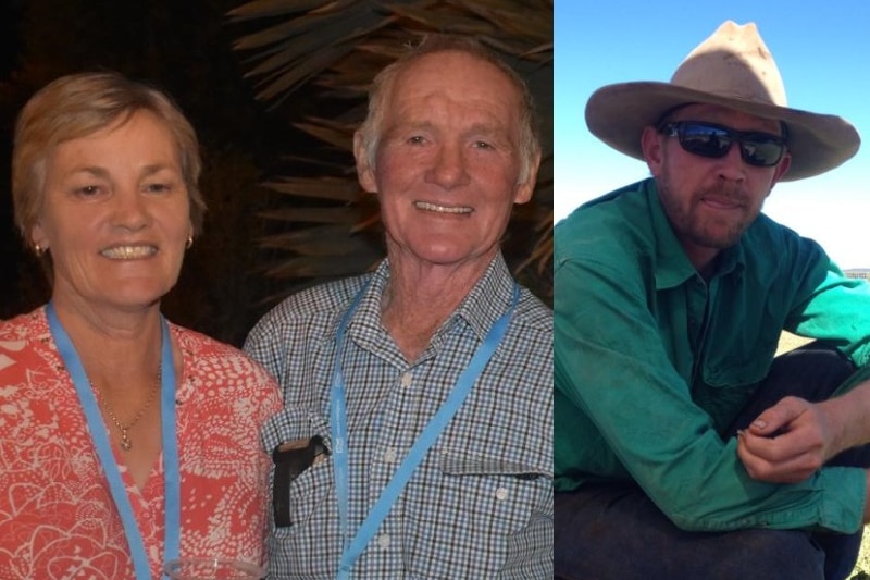 A composite image of a middle aged couple to the left and a younger man in a large hat and sunglasses to the right.