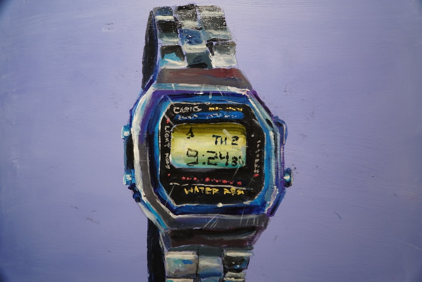 A painting depicts a digital watch in grey, against a purple background