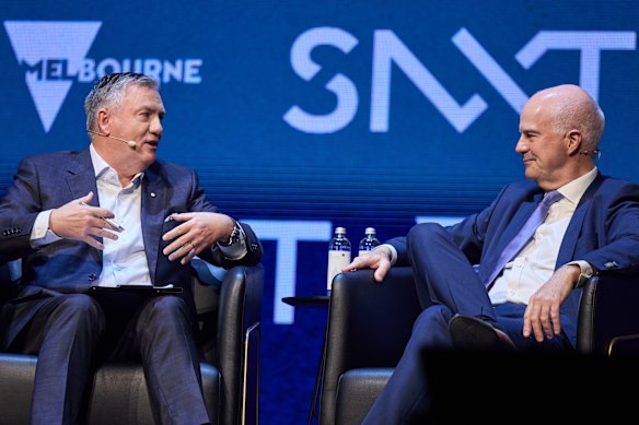 Eddie McGuire in conversation with AFL chairman Craig Drummond at the SportNXT conference in Melbourne on Tuesday.