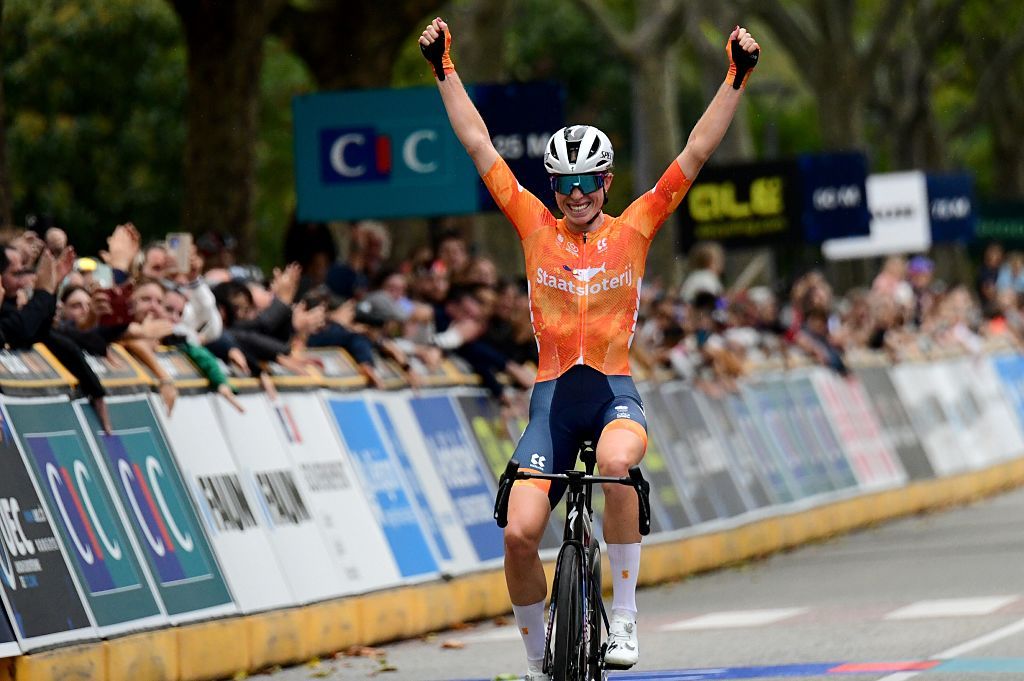 Demi Vollering of the Netherlands is crowned European champion for the first time. (Photo by Romain Doucelin/NurPhoto via Getty Images)