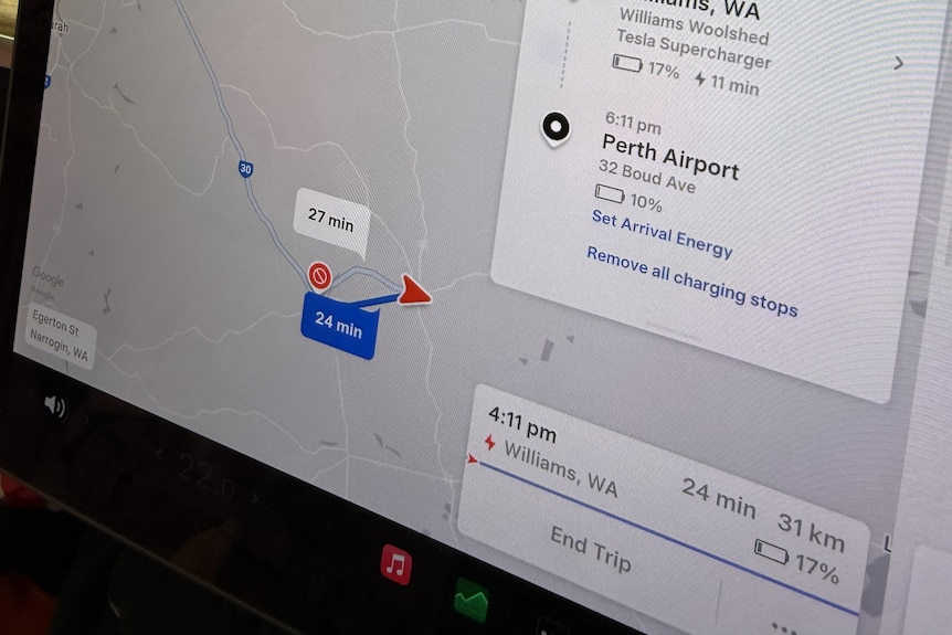 A Tesla screen with low battery