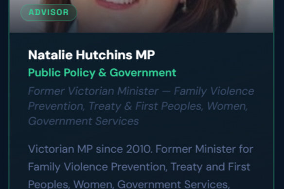 Member for Sydenham Natalie Hutchins was listed as an adviser on the Kazi Konnect website before her details were removed on Tuesday.  