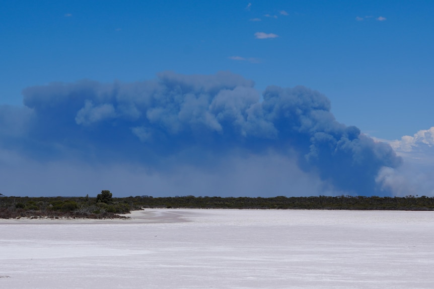 A large bushfire burns with heavy dark smoke billowing into the sky