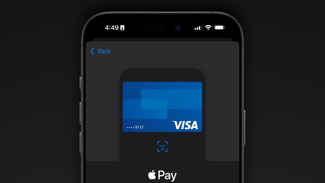 iPhone screen displaying Apple Pay setup with a blue Visa card centered on a dark background, showing partial card number and wallet interface icons at the top and bottom