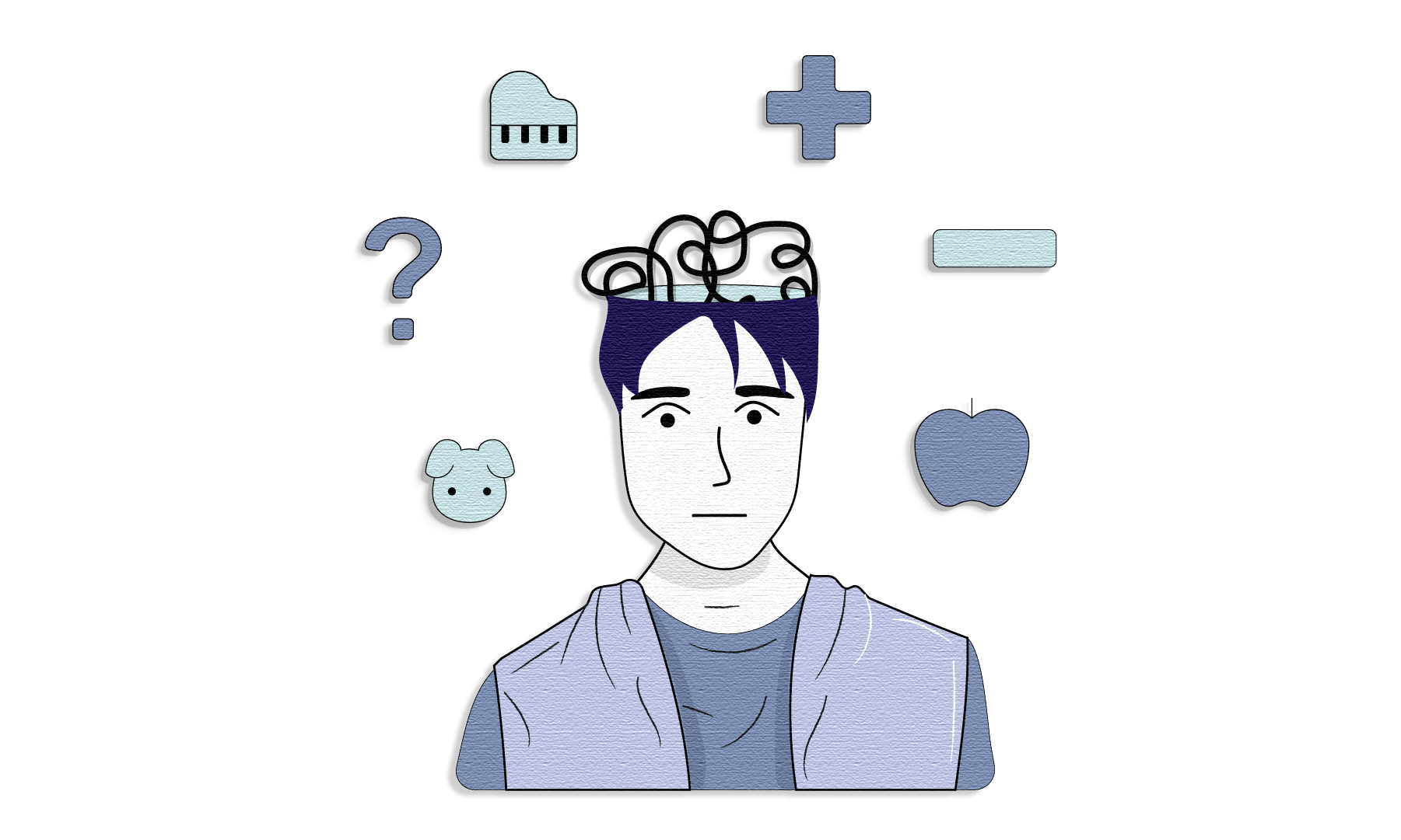 Illustration of a man with a tired expression with symbols like cat and piano floating around his head.