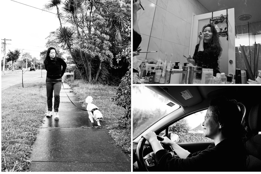 A collection of three black and white images showing a woman going about suburban life including driving and applying make up.