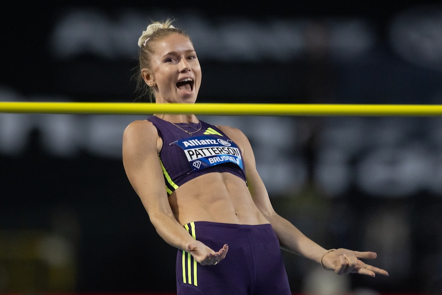 Eleanor Patterson reacts after a successful jump during her victory in the women's high jump at the Diamond League Final.