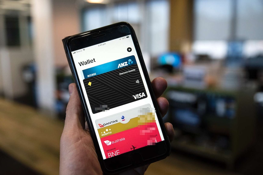 A hand holds a phone with screen showing visa card.