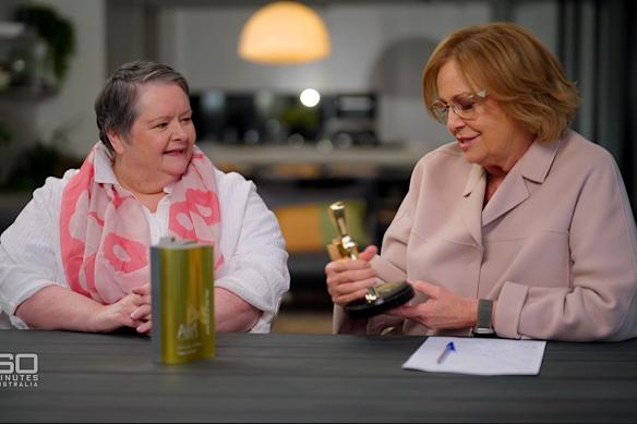 Magda Szubanski shows Tracy Grimshaw her award after being inducted into the TV Week Logie Hall of Fame in 2025.