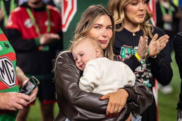 Jai Arrow’s wife, Berina, and daughter Ayla watch on.
