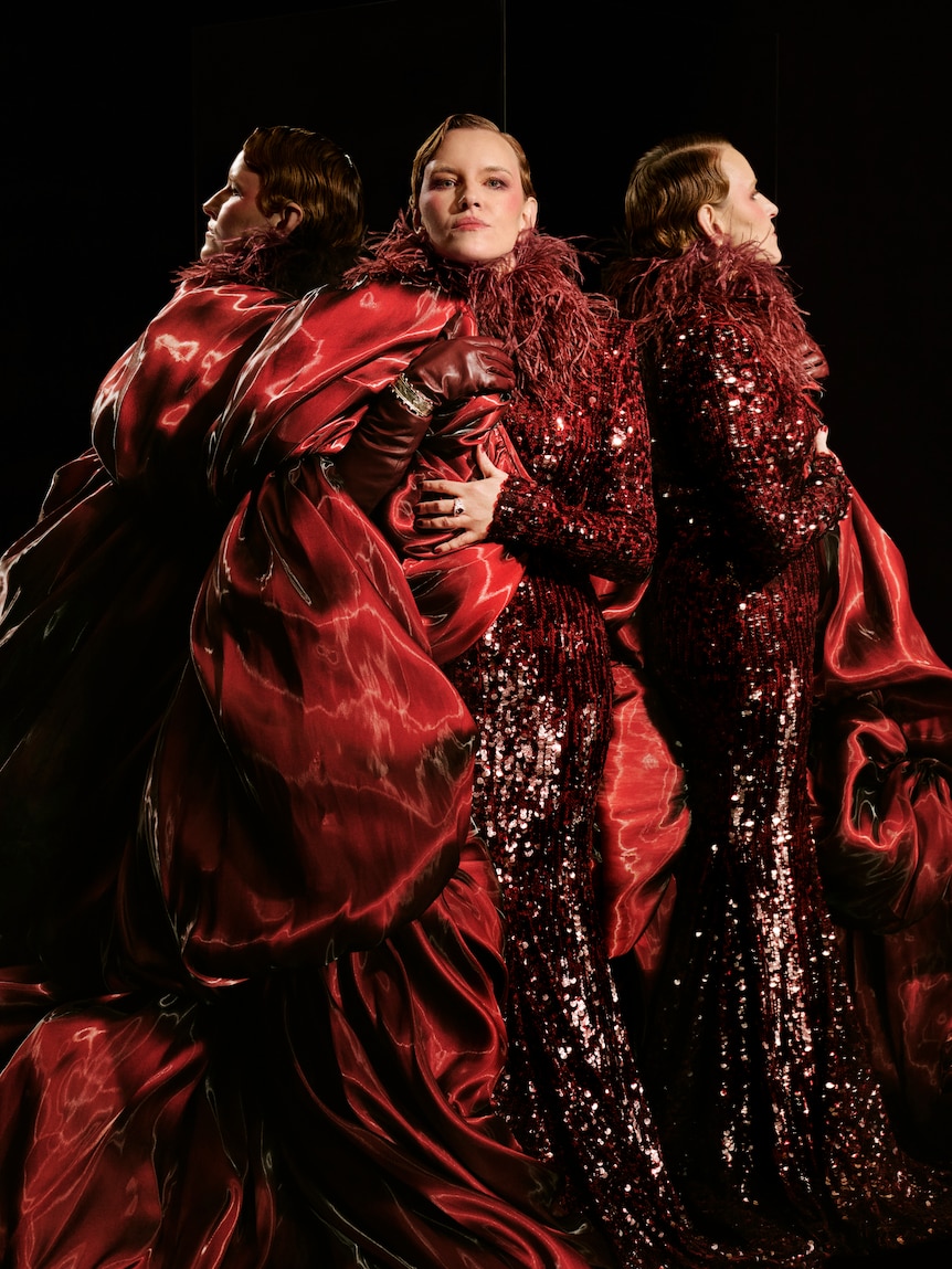 Three images of Kate Mulvany, 49, in a lavish red sequinned dress. One is her reflection in a full-length mirror.