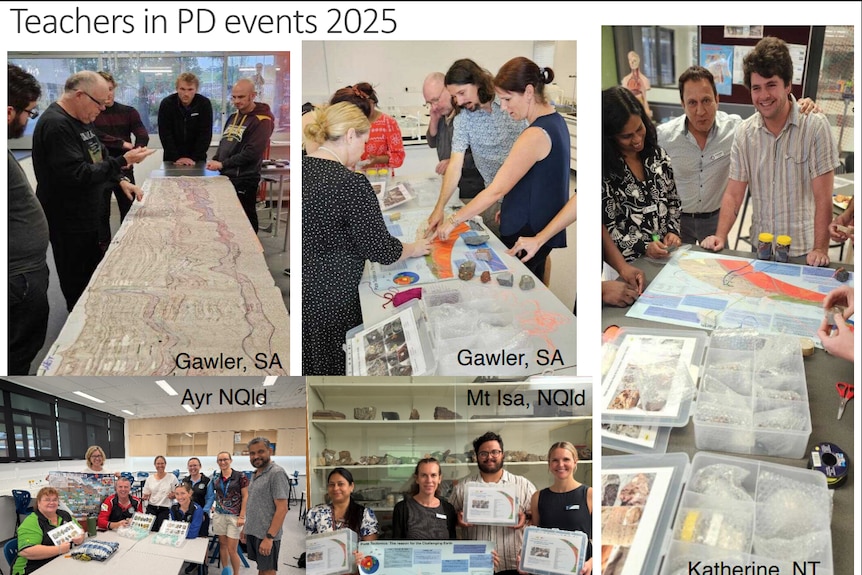 A collage of photos featuring people looking at rocks and maps, with the words "Teachers in PD events 2025".