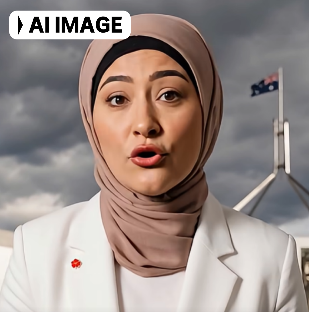 A woman speaking with parliament house in the background.