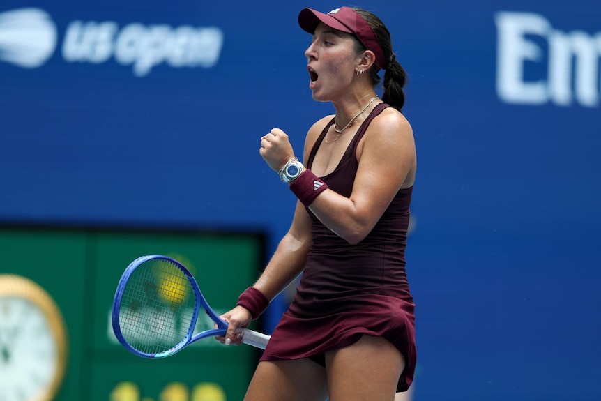 Jessica Pegula celebrates winning a point at the US Open.