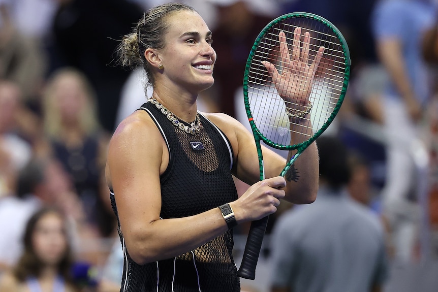 Aryna Sabalenka celebrates match point after defeating Jessica Pegula in US Open semifinals.
