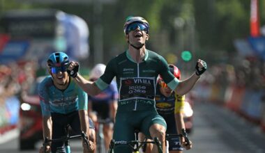 Team Visma-Lease a bike's Belgian rider Wout van Aert celebrates winning the 15th stage of the Vuelta a Espana 2026 cycling tour, a 110,2 km race which was modified from the original itinerary of 189,7 km following the activation of the high temperature protocal, between Palma del Rio and Cordoba, on September 6, 2026. (Photo by JORGE GUERRERO / AFP)