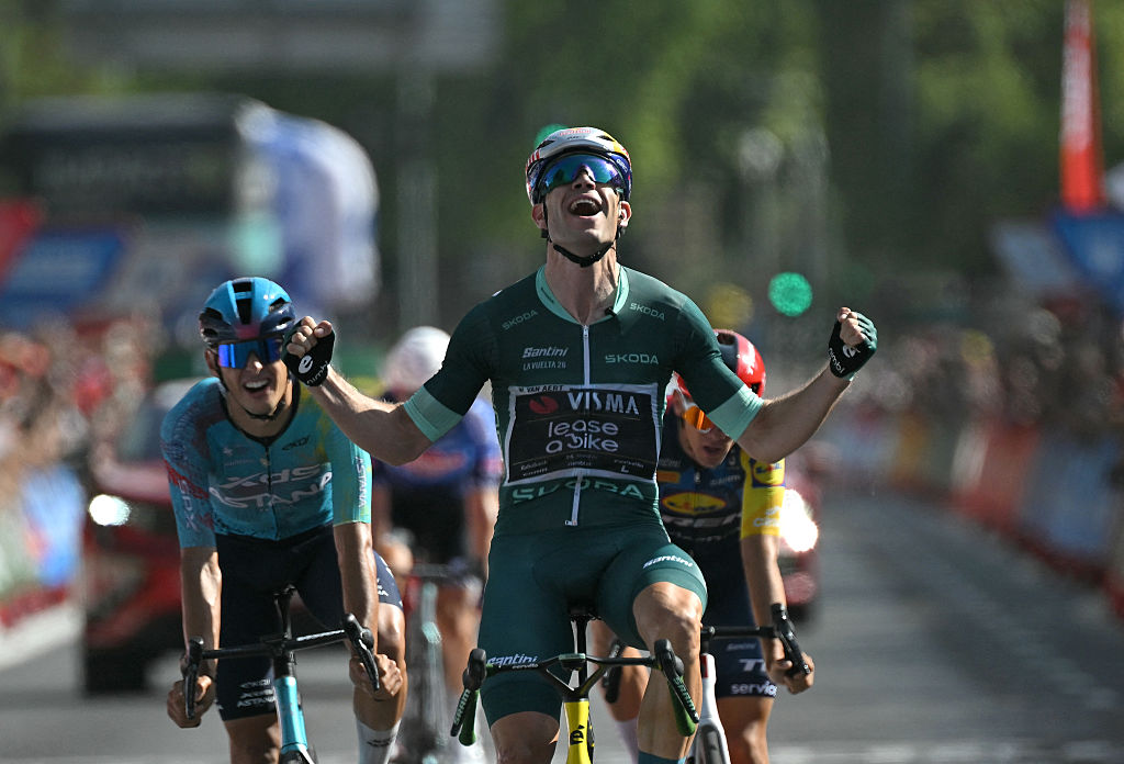 Team Visma-Lease a bike's Belgian rider Wout van Aert celebrates winning the 15th stage of the Vuelta a Espana 2026 cycling tour, a 110,2 km race which was modified from the original itinerary of 189,7 km following the activation of the high temperature protocal, between Palma del Rio and Cordoba, on September 6, 2026. (Photo by JORGE GUERRERO / AFP)
