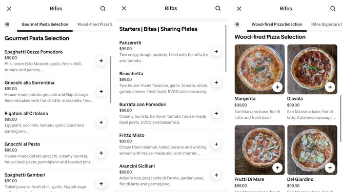 Prices for the Maylands venue on the Uber Eats app are now $99 for every menu item. 