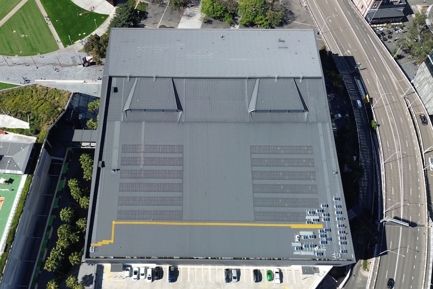 An aerial shot of the ICC's rooftop showing solar panels.