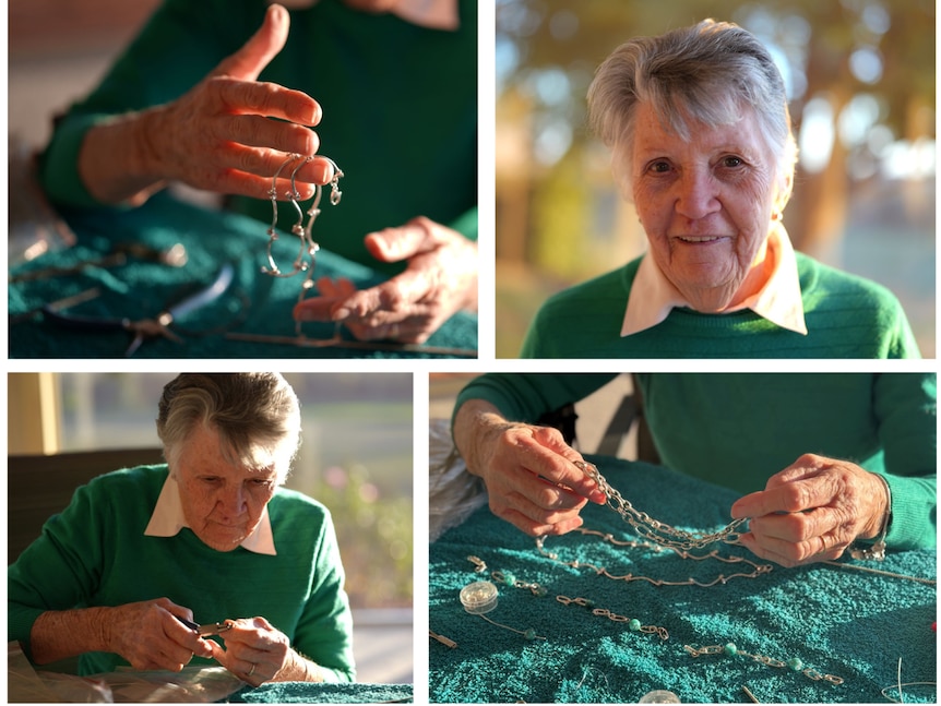 Four images showing an elderly woman making silver bracelets and necklaces.