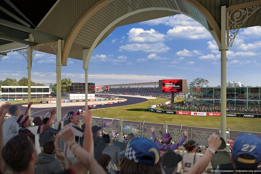 Computer-generated fans watching a MotoGP event from a heritage grandstand