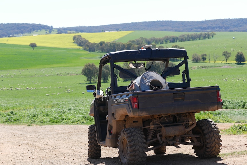 A mud-covered buggy on a farm.