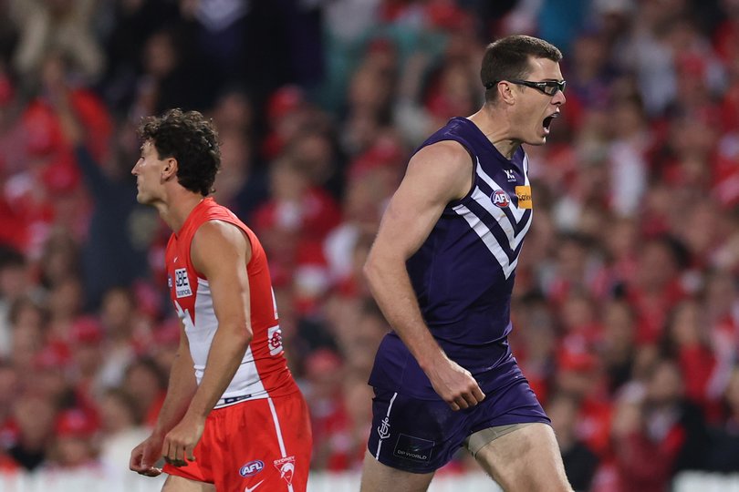 SYDNEY, AUSTRALIA - SEPTEMBER 18: Mason Cox of the Dockers celebrates a goal during the AFL Preliminary Final match between the Sydney Swans and Fremantle Dockers at the Sydney Cricket Ground on September 18, 2026, in Sydney, Australia. (Photo by Darrian Traynor/AFL Photos)